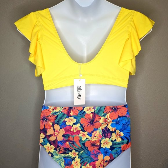 NWT * Ruffle High Waist Swimsuit Bikini Push Up w Tropical Print - Picture 2 of 3